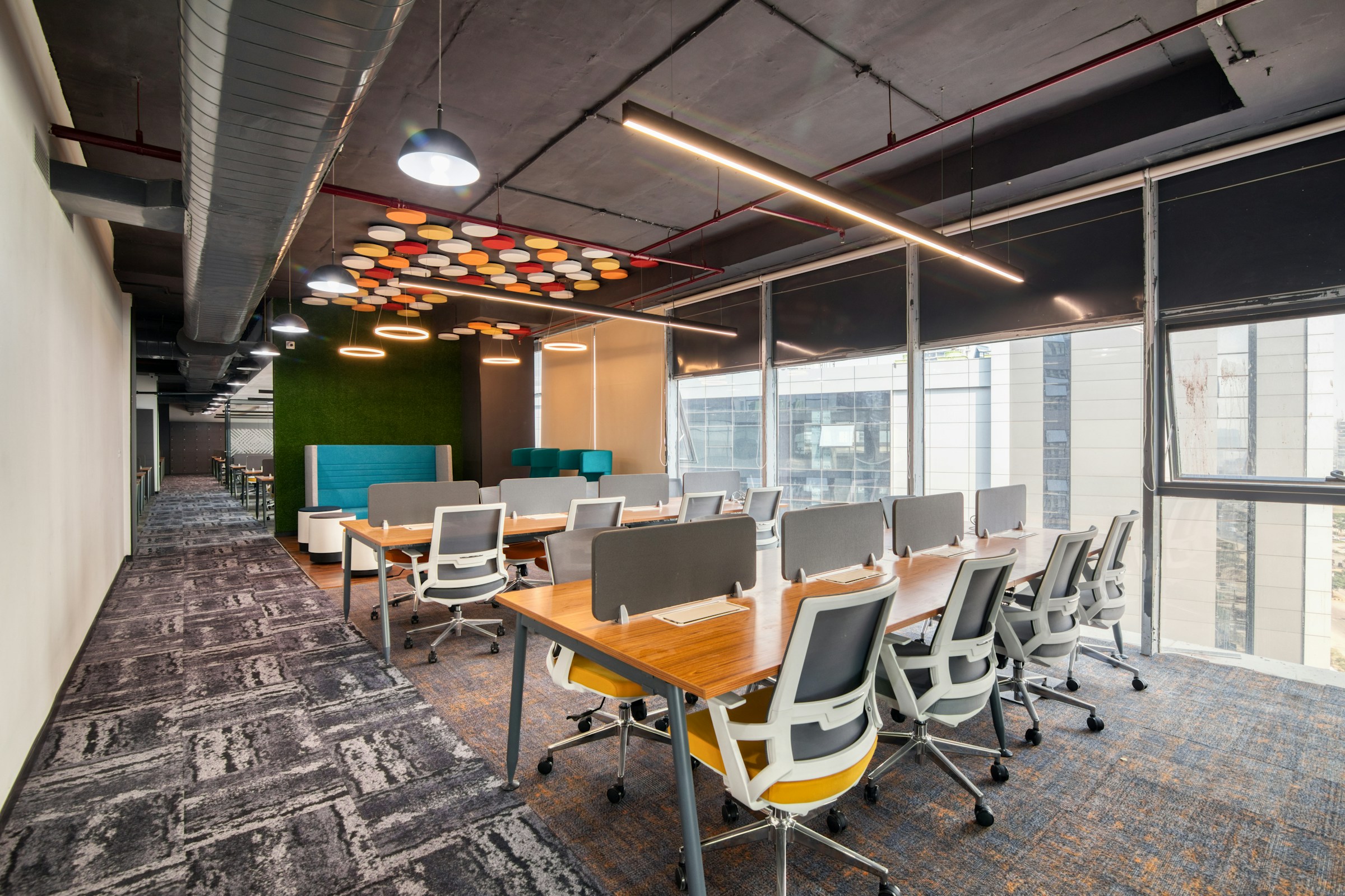 A work space with chairs and tables