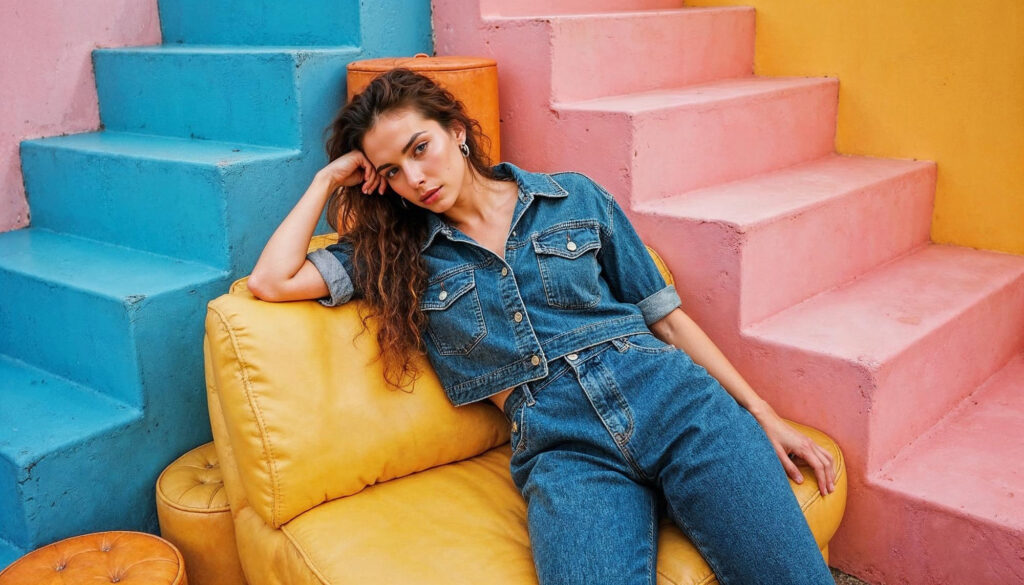 A women on a couch wearing a denim dress