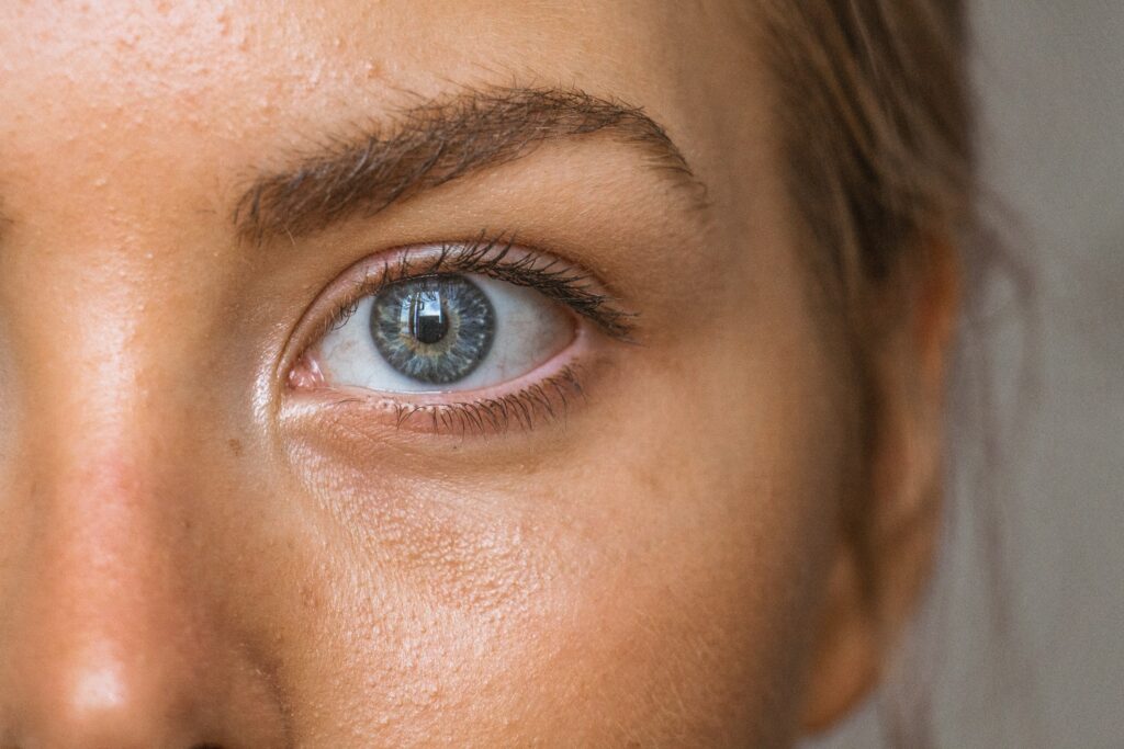 Close-up of well-groomed eyebrows and eye, showing a soft powder brows finish.