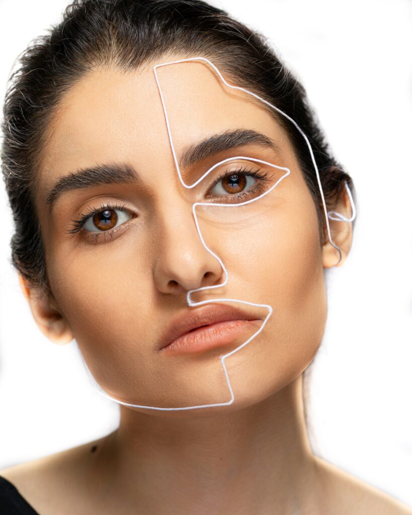 Microneedling before and after concept showing close-up of a woman’s face divided into sections for smoother, glowing skin transformation.