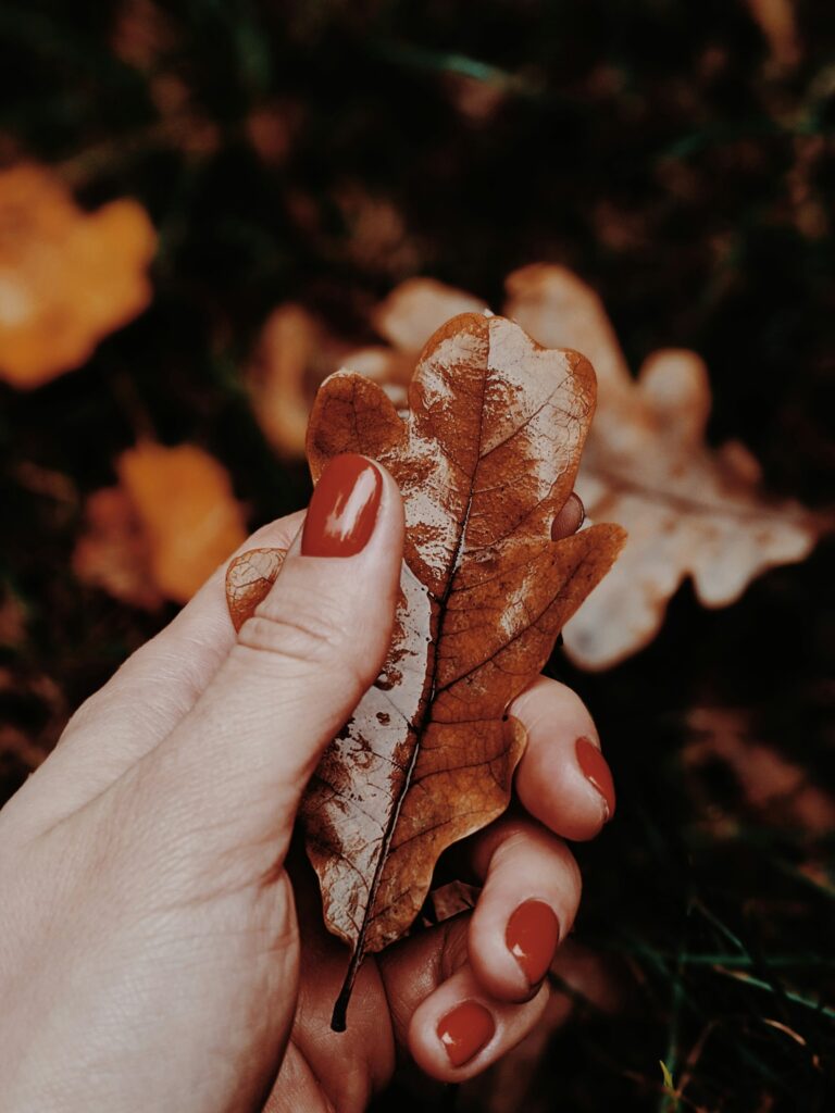 Close-up of chic fall nails in earthy orange tones, perfect for autumn style.