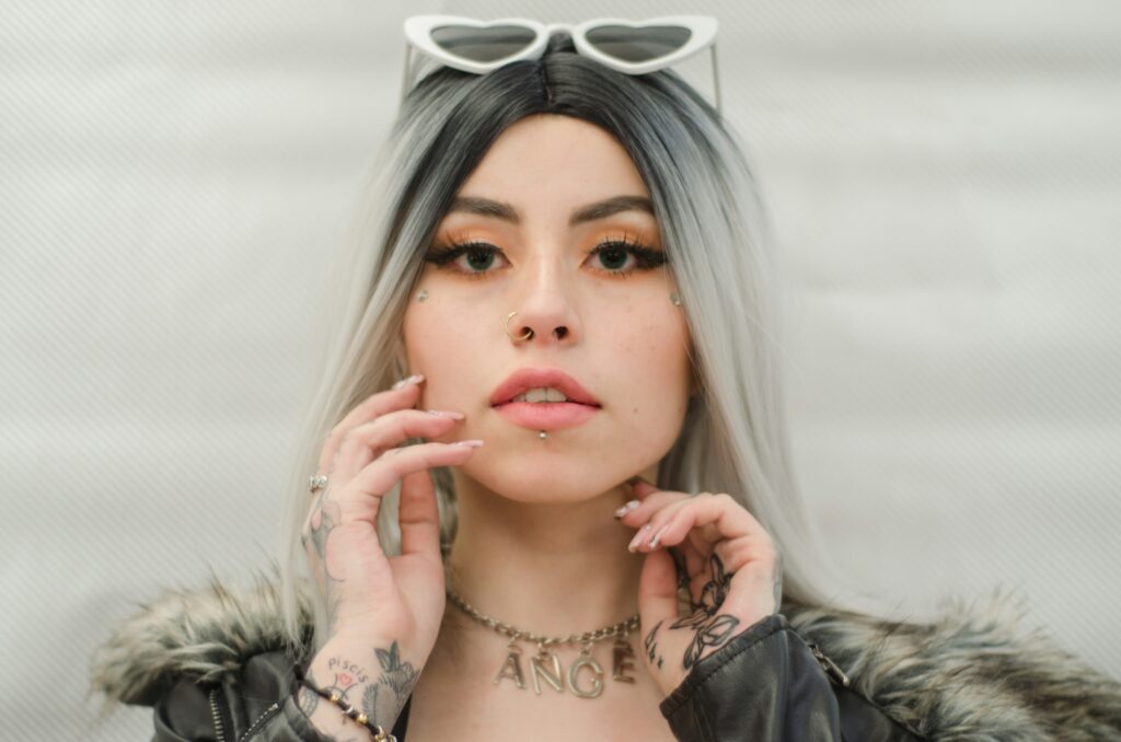 Woman with ashley piercing — single center lip stud styling inspiration.