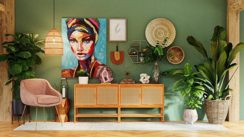 bohemian living room with rattan console and layered decor