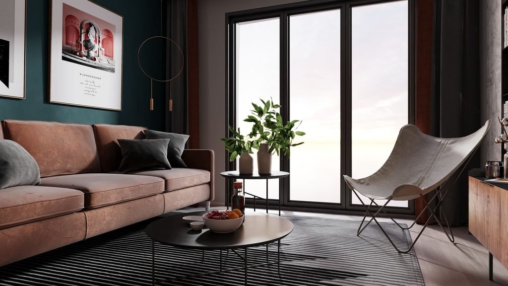 Living room with a teal accent wall, terracotta sofa, round black coffee table and striped rug