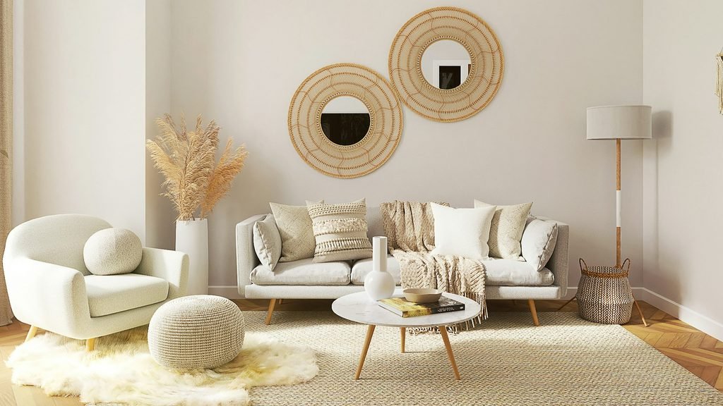 Living room layout with a gray sofa, cream armchair, round coffee table and woven rug under two rattan mirrors